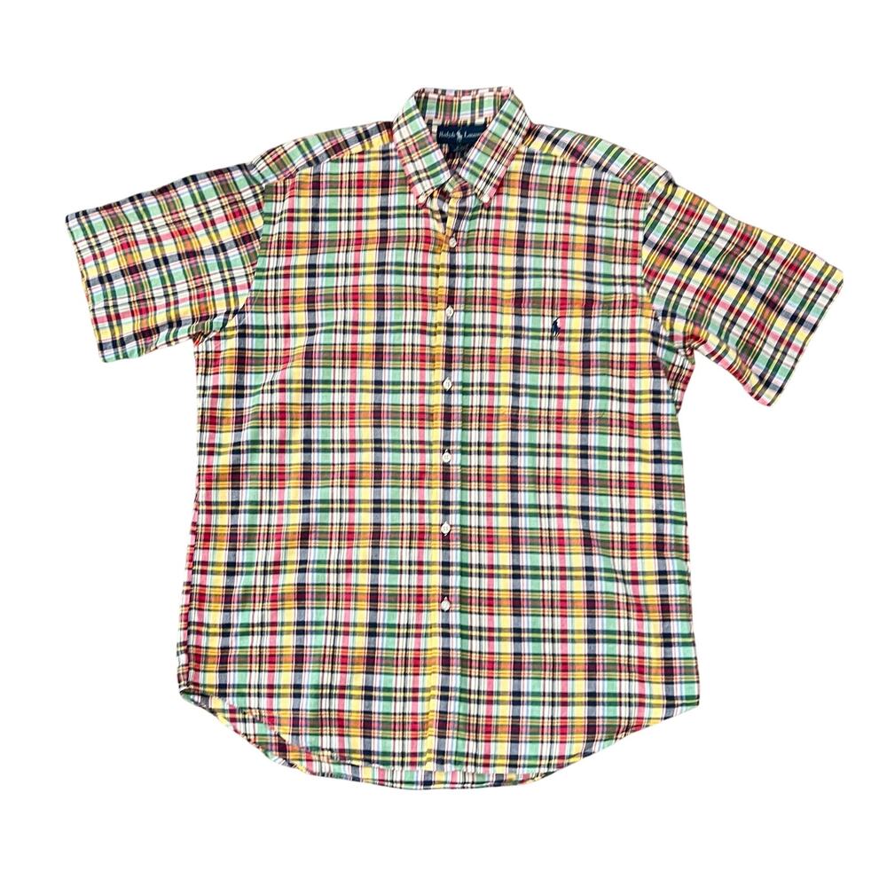 Ralph Lauren BLAKE Men's Plaid Shirt Sz L Button Up Short Sleeve Camp Vintage